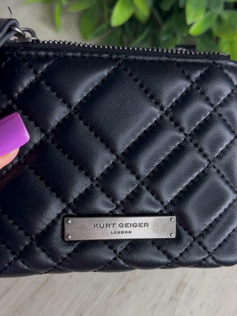 Kurt Geiger Quilted Black Leather Compact Wallet with Zippered Pockets